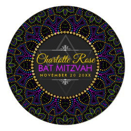 Neon Mandala Groovy Bat Mitzvah Round Invitation