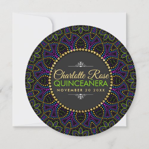 Neon Mandala Groovy Quinceaera Round Invitation