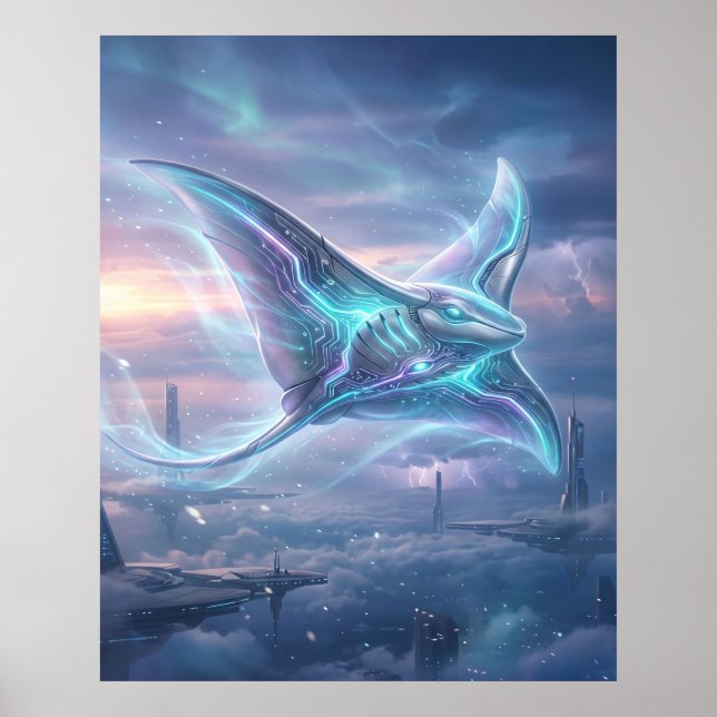 Neon Manta Ray Sky Ocean Poster (Front)