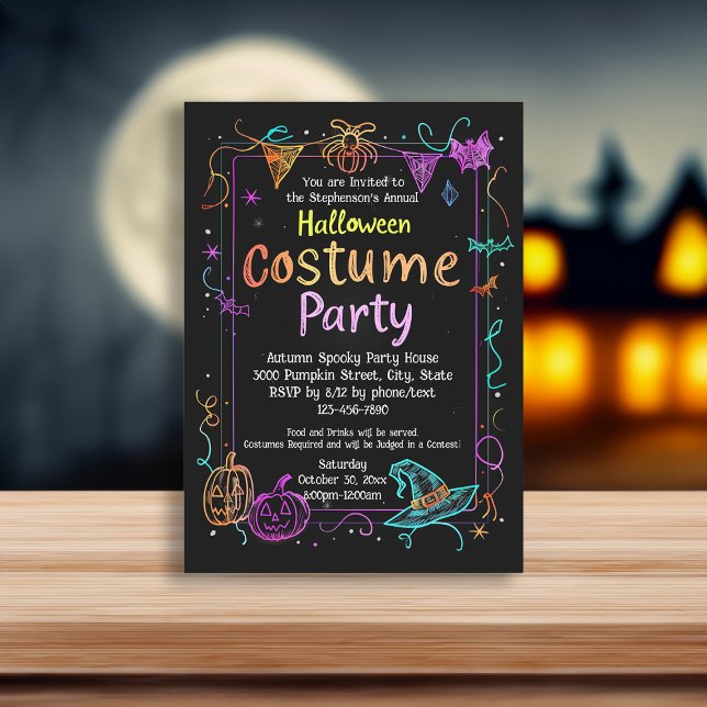 Neon Marker Style Kids Halloween Costume Party Invitation (neon marker kids halloween invitation)