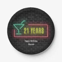 Neon marquee 21st birthday sign on brick paper plates