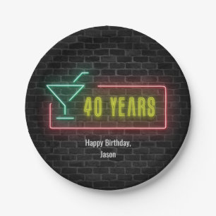 Neon marquee 40th Birthday sign on brick Paper Plates