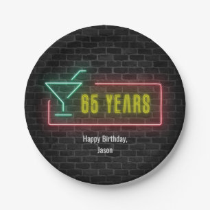 Neon marquee 65th Birthday sign on brick Paper Plates
