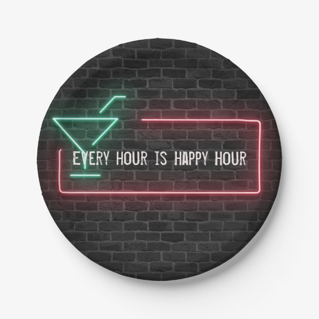 Neon marquee Happy Hour sign Paper Plates (Front)