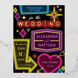 Neon Marquee Signs Las Vegas Save the Date Foil Invitation Postcard