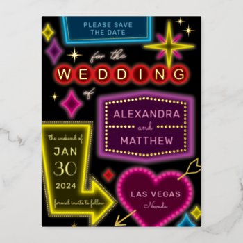 Neon Marquee Signs Las Vegas Save The Date Foil Invitation Postcard by 2BirdStone at Zazzle