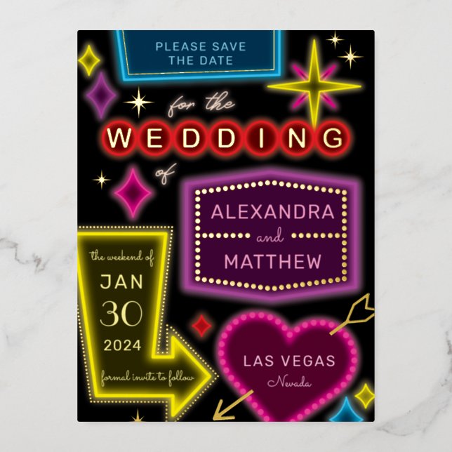 Neon Marquee Signs Las Vegas Save the Date Foil Invitation Postcard (Front)