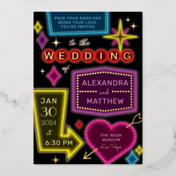 Neon Marquee Signs Las Vegas Wedding Foil Invitation by 2BirdStone at Zazzle