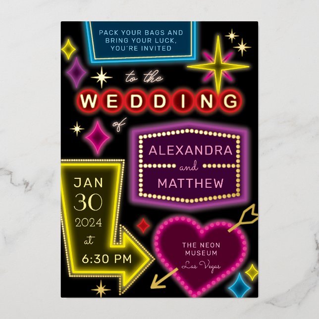 Neon Marquee Signs Las Vegas Wedding Foil Invitation (Front)