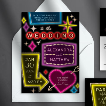 Neon Marquee Signs Las Vegas Wedding Invitation by 2BirdStone at Zazzle