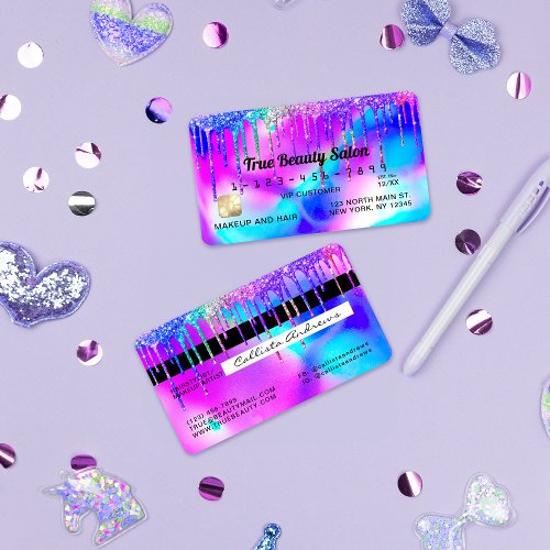 Neon Mermaid Holographic Glitter Drips Credit Business Card