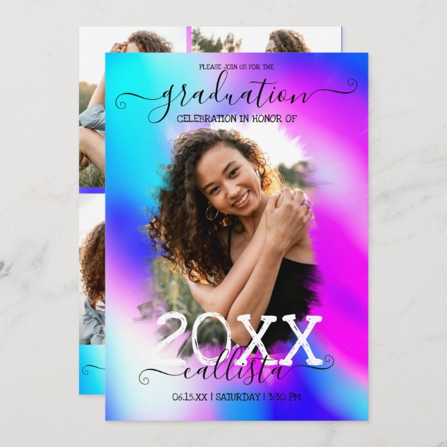 Neon Mermaid Holographic Photo Collage Graduation Invitation (Front/Back)