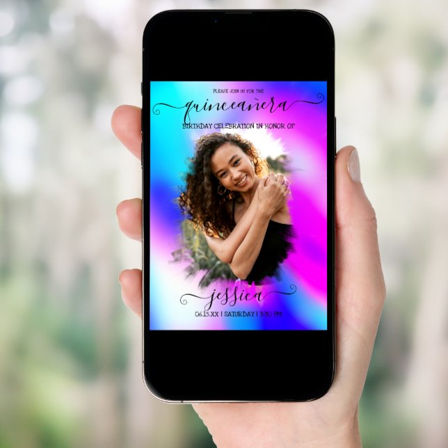 Neon Mermaid Holographic Photo Collage Quinceañera Invitation (Front Digital)