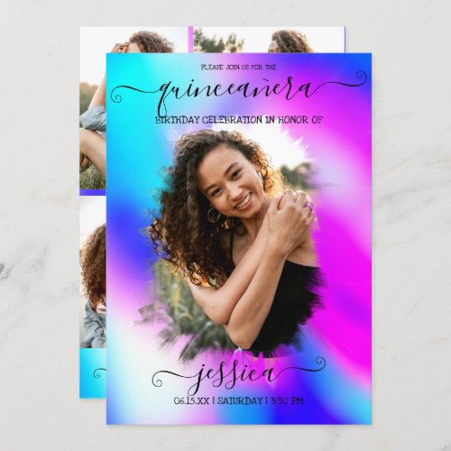 Neon Mermaid Holographic Photo Collage Quinceaera Invitation