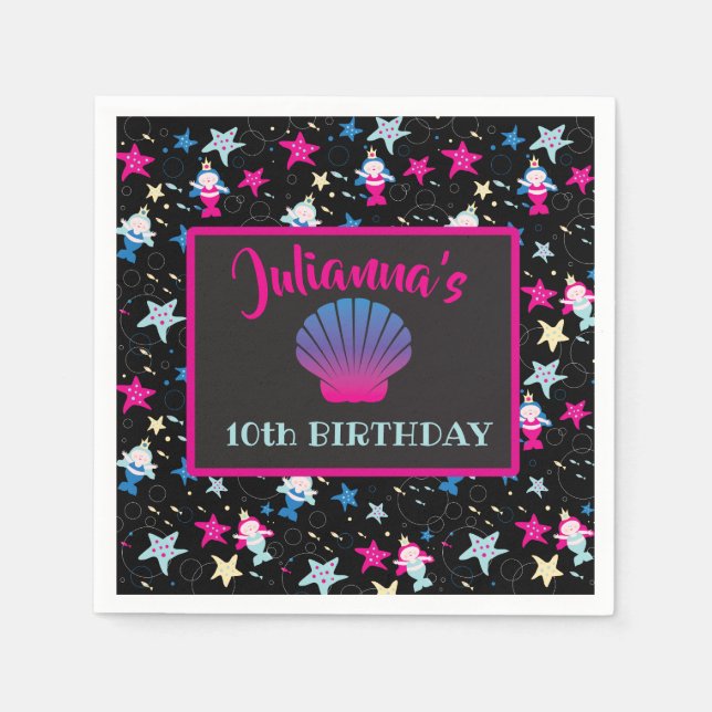 NEON Mermaid Sea Life Fish Starfish Birthday Party Napkins (Front)