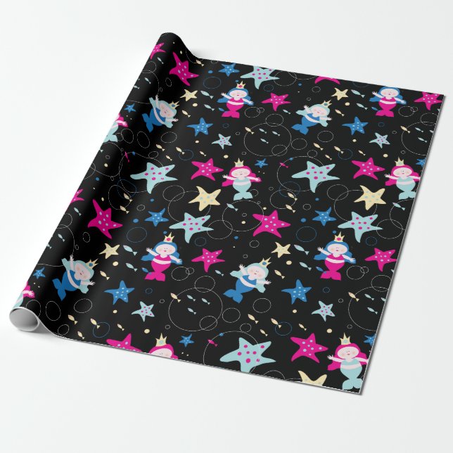 NEON Mermaid Sea Life Fish Starfish Birthday Party Wrapping Paper (Unrolled)