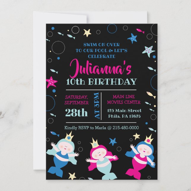 Neon Mermaid Swim Sea Life Birthday Pool Party Invitation (Front)