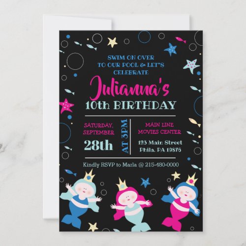 Neon Mermaid Swim Sea Life Birthday Pool Party Invitation