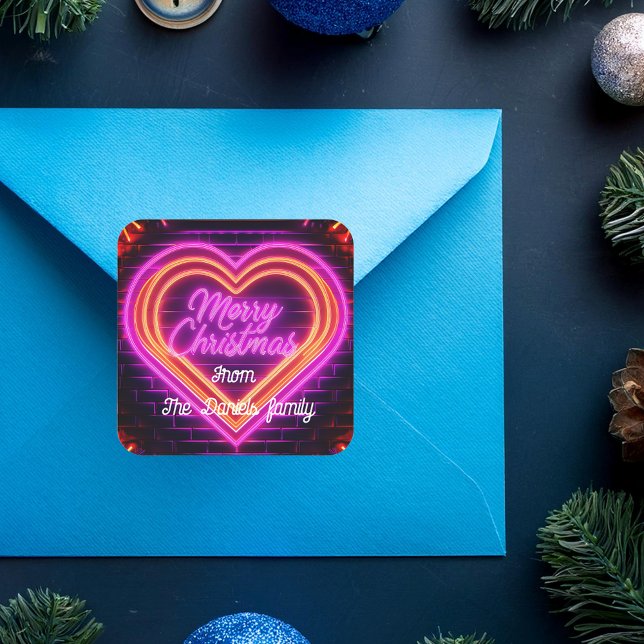 Neon Merry Christmas Personalized Square Sticker (Creator Uploaded)