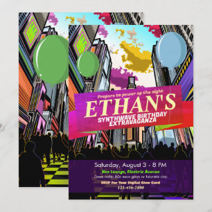 Neon Metropolis City Lights Birthday Invitation