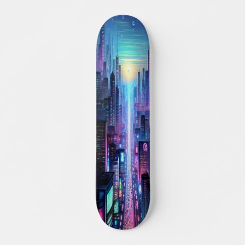 Neon Metropolis Cyberpunk City Skateboard