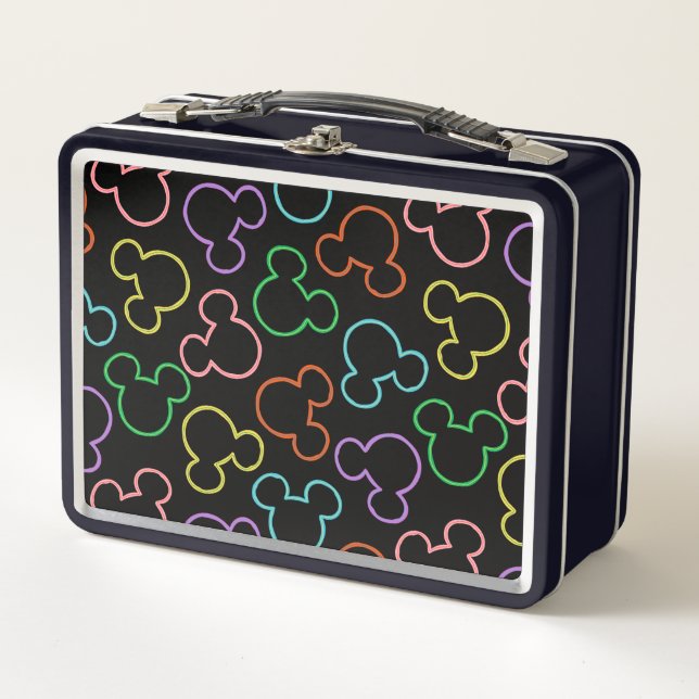 Neon Mickey Mouse Icon Toss Pattern Metal Lunch Box (Front)