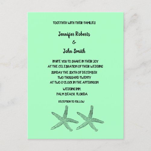 Neon Mint 2020 Starfish Patterns Elegant Wedding Invitation Postcard