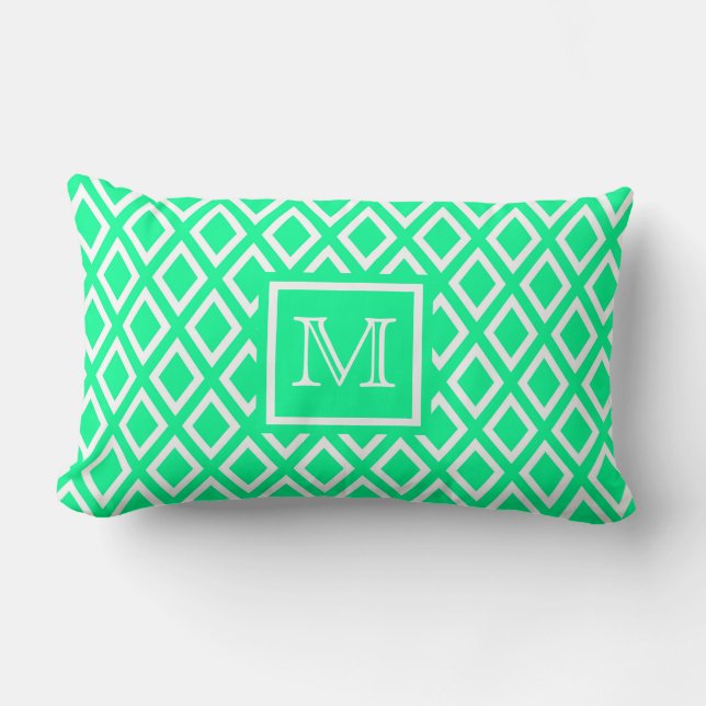 Neon mint green diamond pattern monogram lumbar pillow (Front)