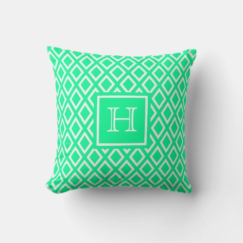 Neon mint green white diamond pattern monogram throw pillow
