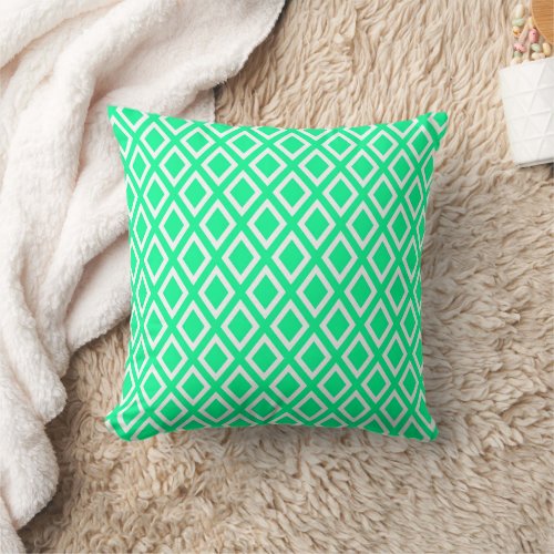 Neon mint green white geometric diamond pattern throw pillow