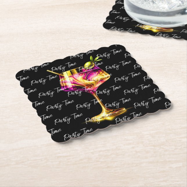 Neon Modern Party Time Personalized Paper Coaster (Angled)