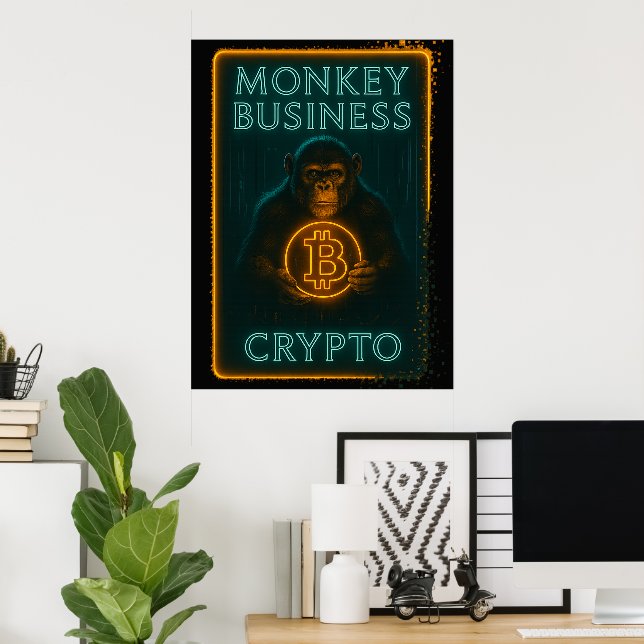 Neon Monkey Business Crypto Art Canvas – Bitcoin  Poster (Home Office)