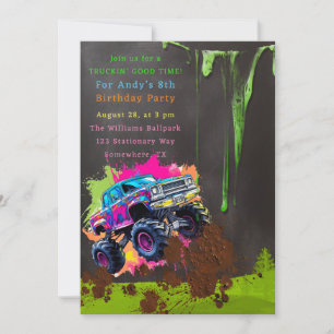 Neon Monster Truck Boy Birthday Party Invitation