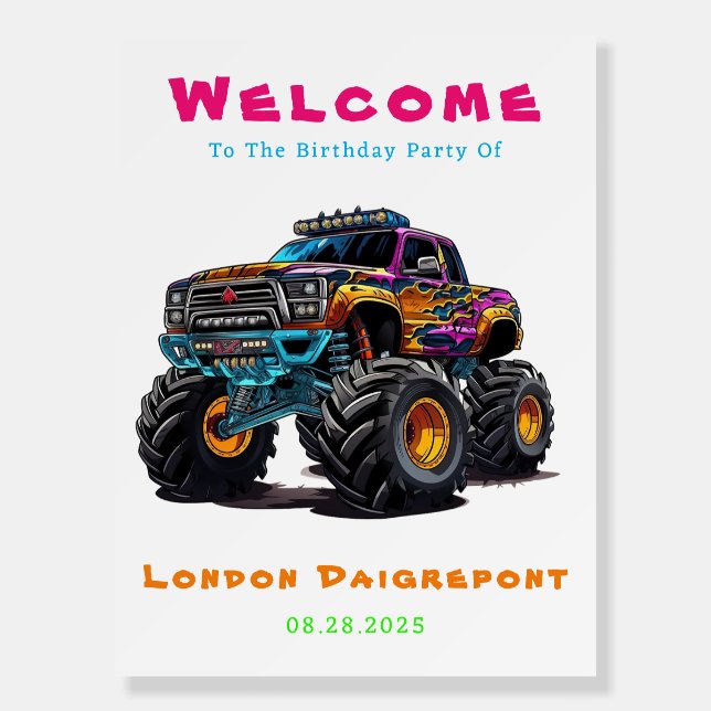 Neon Monster Truck Boy Birthday Party Welcome Sign (Front)