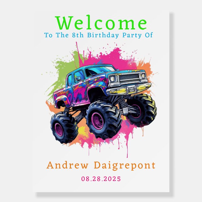 Neon Monster Truck Boy Birthday Party Welcome Sign (Front)