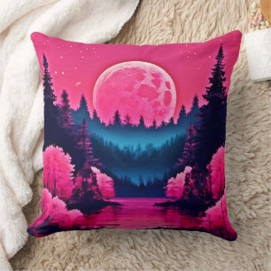 Neon Moonlit Fantasy Forest Lake Throw Pillow