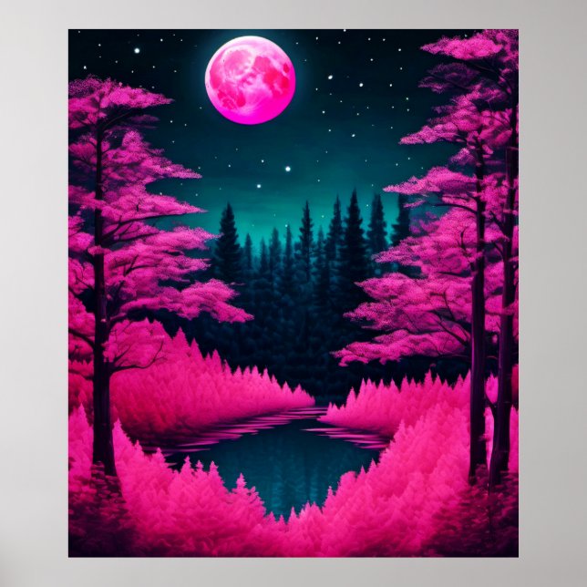 Neon Moonlit Forest Fantasy Art Poster (Front)