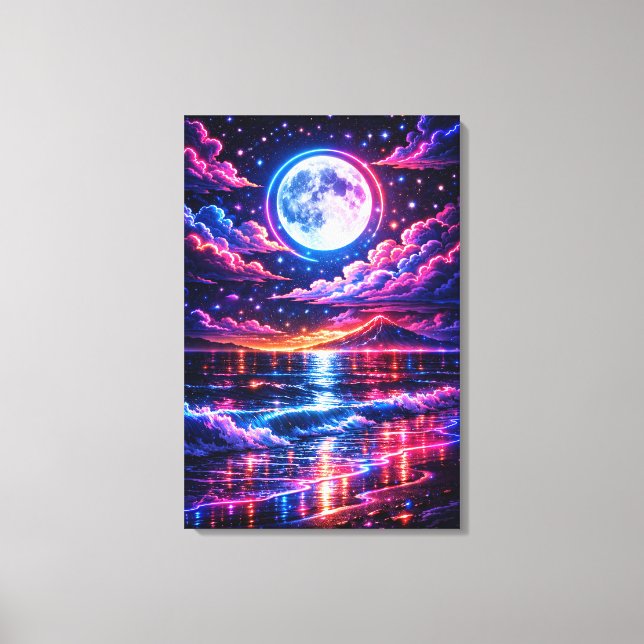 Neon Moonlit Ocean – Cosmic Night Seascape Art Canvas Print (Front)