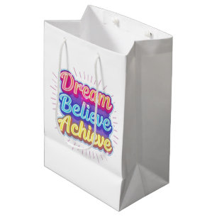 Neon motivational quote 'Dream believe achieve' Medium Gift Bag