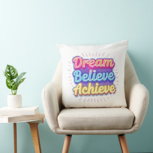 Neon motivational quote 'Dream believe achieve' Throw Pillow