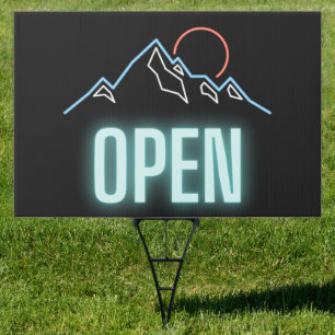 Neon Mountain Range Open Outdoor Grass Sign