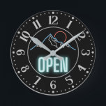 Neon Mountain Range Open Sign   Round Clock<br><div class="desc">Great design for adventure and mountain themed businesses,  resorts,  hotels,  restaurants or events.  Neon mountain ridge and sun/full moon silhouette with light blue "Open" text on black background.</div>