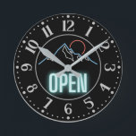 Neon Mountain Range Open Sign   Round Clock<br><div class="desc">Great design for adventure and mountain themed businesses,  resorts,  hotels,  restaurants or events.  Neon mountain ridge and sun/full moon silhouette with light blue "Open" text on black background.</div>