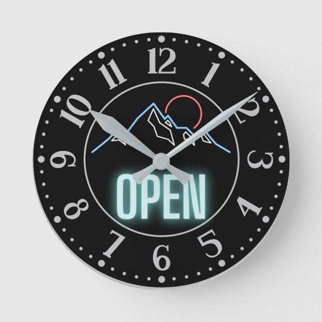 Neon Mountain Range Open Sign   Round Clock (Front)