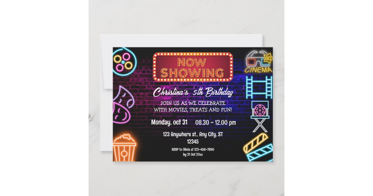 Neon Movie Night Birthday Party Invitation | Zazzle