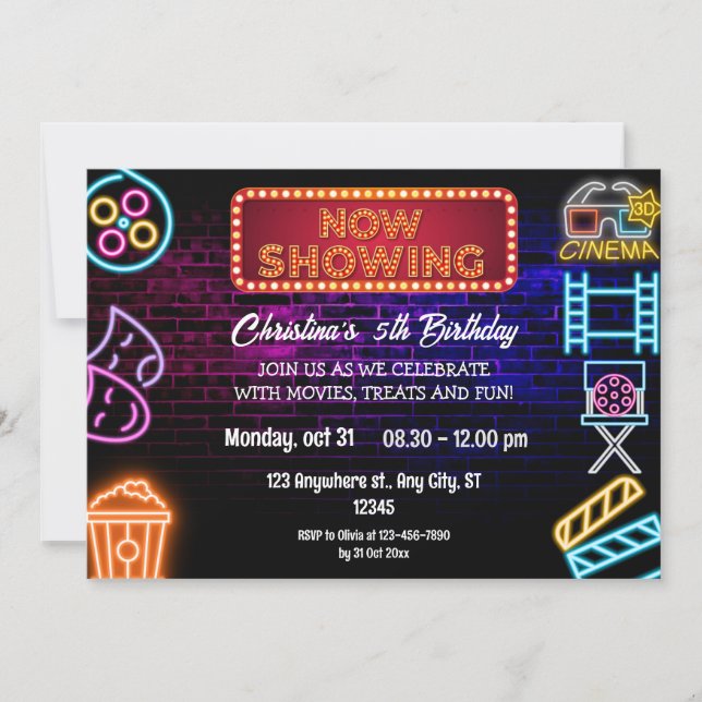 Neon Movie Night Birthday Party Invitation (Front)