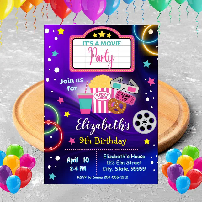 Neon Movie Night Girl Birthday Party Invitation | Zazzle