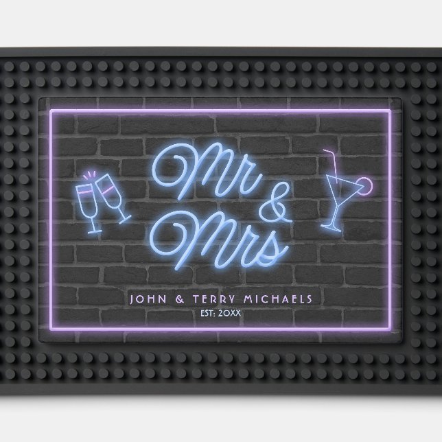 Neon Mr & Mrs Cocktails Blue/Violet ID972      Bar Mat (Front (Close Up))