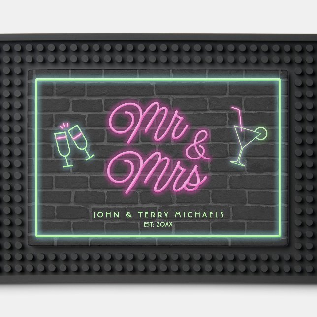 Neon Mr & Mrs Cocktails Pink/Green ID972      Bar Mat (Front (Close Up))