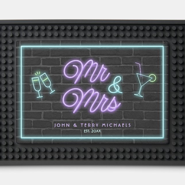 Neon Mr & Mrs Cocktails Teal/Lilac ID972      Bar Mat (Front (Close Up))